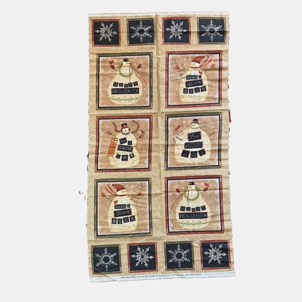 Benartex Snowman Quilt Panel Cotton Peace Joy Beth Albert Quilt Blocks 23" x 44"